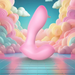 A surreal, pastel scene features fluffy clouds and the Softies Dual Stimulation G-Spot Beginner Vibrator—an abstract pink "L"-shaped silicone toy—standing on a reflective tiled floor beneath a bright sky.
