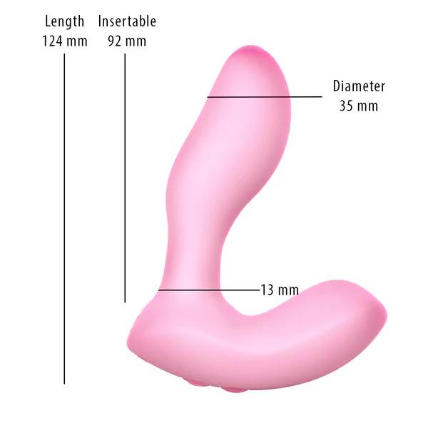 The Softies Dual Stimulation G-Spot Beginner Vibrator is a pink, L-shaped silicone toy measuring 124 mm long with a 92 mm insertable length, 35 mm diameter, and 13 mm base width.