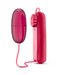 A pink, oval-shaped, glossy wireless earbud is next to its matching charging case, which has a rectangular shape with rounded edges and a circular dial on the side. Reminiscent of a sleek Blush B Yours First Time Wired Remote Control Power Bullet Vibrator - Red, the earbud is connected to the case via a pink cable.