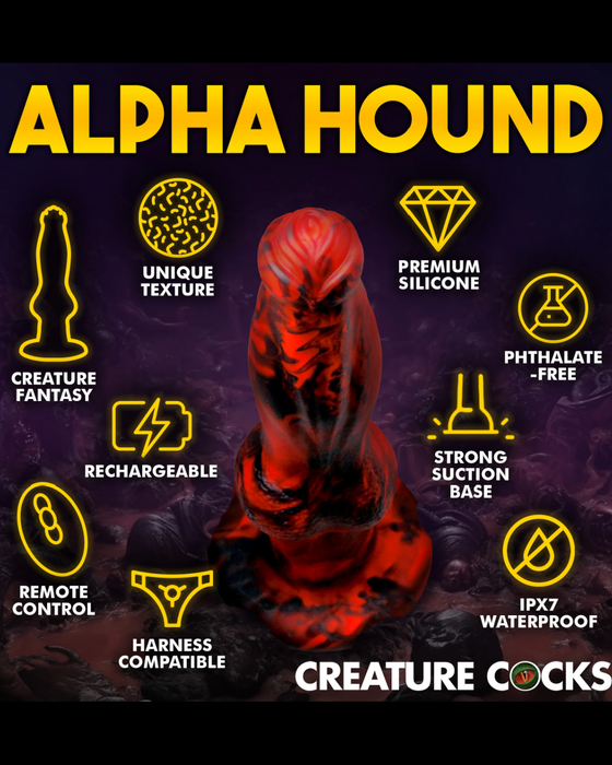Promotional image for "Hell Wolf" fantasy creature suction cup dildo, highlighting features like unique texture, premium silicone, rechargeable, remote control, harness compatibility, and waterproof design against a dark background.