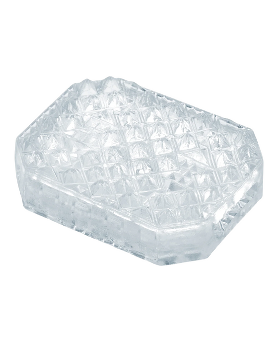 A clear, diamond-shaped piece of glass with a step-textured surface, resembling a cut gemstone, isolated on a white background. 
Tenga Uni Diamond Textured Finger Sleeve for Stroking and Clit Massage by Tenga