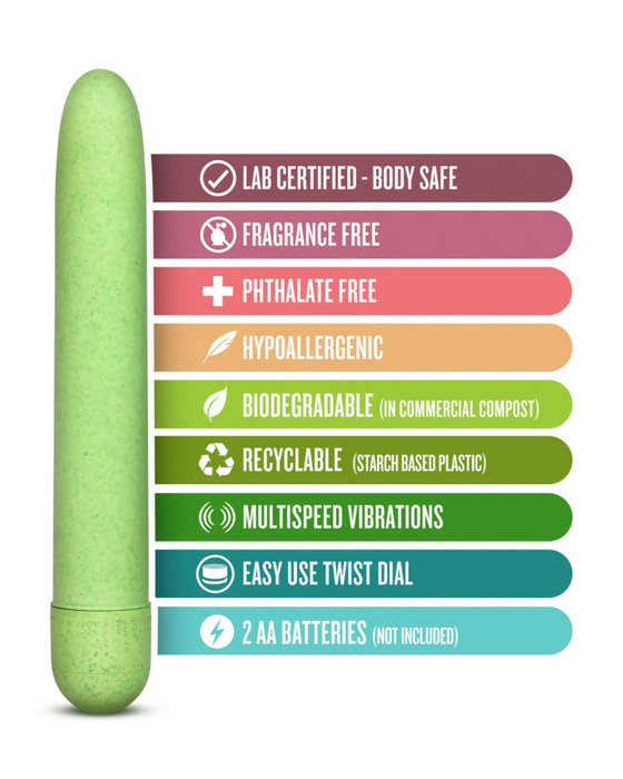 The Gaia Biodegradable, Recyclable Eco Vibrator - Green by Blush, made from Biofeel bioplastic, highlights its sustainable features and benefits.