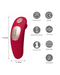 A red Maia Toys REMI 15-Function Rechargeable Remote Control Suction Panty Vibe with dimensions, indicating 4.4 inches in height and 1.5 inches in width, accompanied by symbols representing its features such as remote control, clitoral.