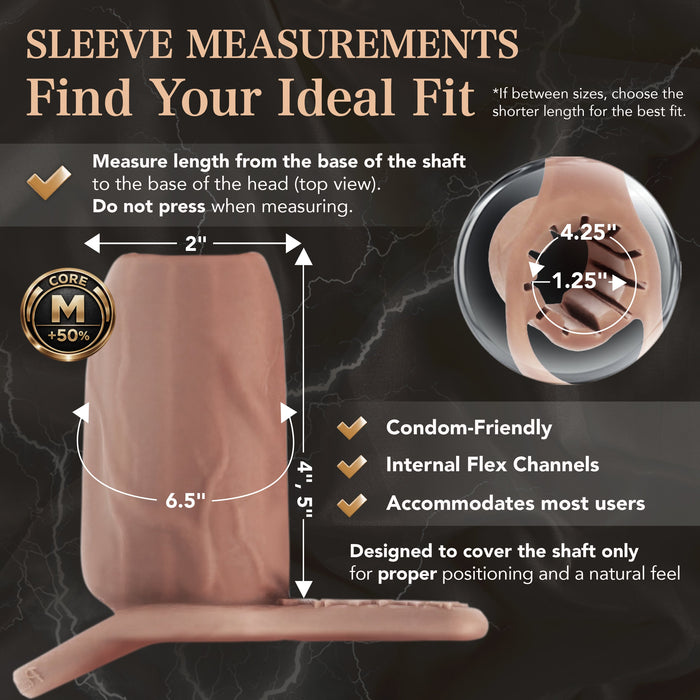 The Girthy Pleasure Sleeves - Open-Ended Silicone Penis Sleeve with Grind Pad (Size M) is a platinum silicone girth enhancer, 6.5" long with a 4.5" circumference, condom-compatible, shaft-only design, and fits most users.