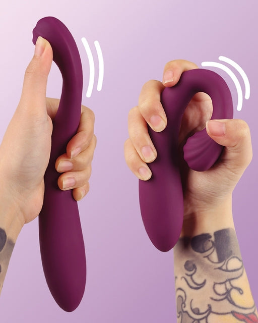 Two hands holding and bending the Tracy's Dog OG 3 Clitoral Suction & G-Spot 2 in 1 Vibrator, demonstrating its pliability for clitoral stimulation.