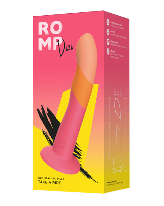 Brightly colored product packaging for a Lovehoney Romp Dizi Ultra Smooth 7 Inch Dildo With Suction Cup with vibrant abstract design elements.