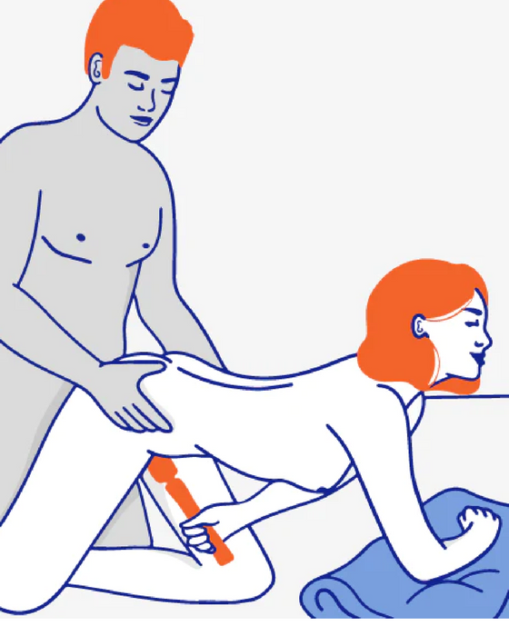 A stylized illustration showing a man giving a woman a back massage with a Fun Factory Vim Silicone Weighted Rumbly Wand Vibrator, while she is in a relaxed, prone position.