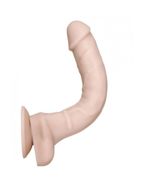 Image shows a beige, curved Real Supple Poseable 10.5 Inch Silicone Dildo in Vanilla from Evolved Novelties against a plain background. It has a smooth finish and includes a round suction cup base.