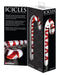 Hand-blown borosilicate Glass Candy Cane Dildo resembling a candy cane, elegantly designed for body massage, with packaging highlighting its features.