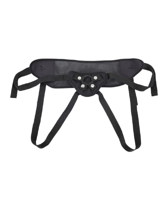 A black lumbar support belt with Breathable High Waisted Adjustable Strap On Harness and a triple fastening system, isolated on a white background by Sportsheets.