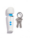 A portable inhaler device and a Vibratex Magic Wand Micro Rechargeable Cordless Vibrator placed beside a key ring with three keys, set against a plain white background.