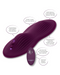 A visual guide showcasing features of a sleek, purple Lust Dual Rider Remote Control Humping Vibrator by CalExotics with dual motors, emphasizing its ergonomic design, texture, and remote control capabilities.
