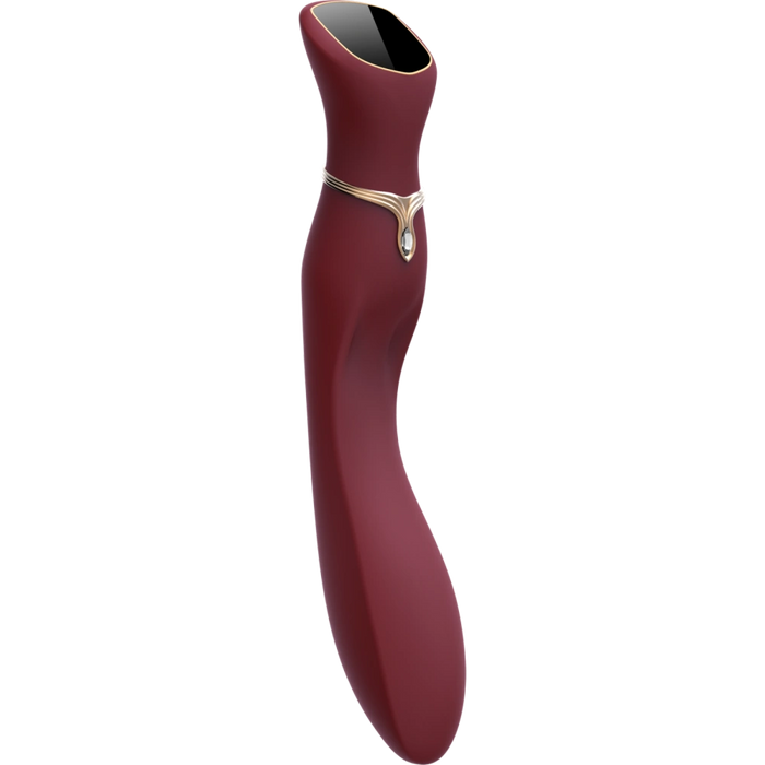 The Chance Waterproof Touch Screen G-Spot Vibrator, in maroon medical-grade silicone with a gold accent ring and black control panel, is curved and sleek, shown on a white background.