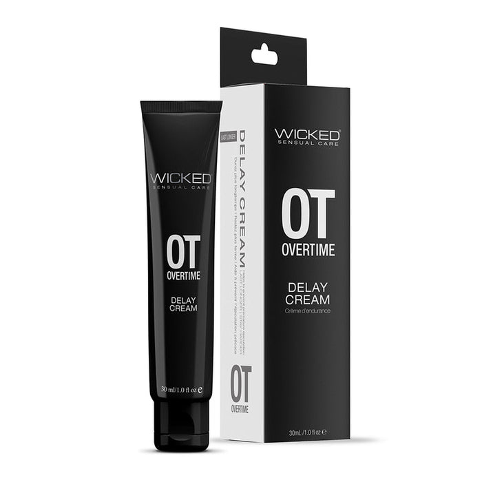 A black tube labeled "Wicked Overtime Ejaculation Delay Gel for the Penis" stands upright beside its matching black and white box. This 30 ml (1 fl oz) gel is designed to help men prolong intimacy.