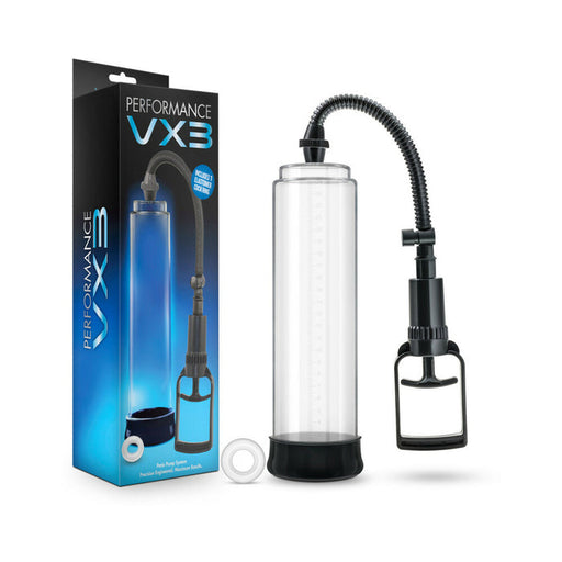 The Performance VX3 Male Enhancement Pump System with Cock Ring features a clear cylindrical chamber, black base and handle, flexible hose, and comes with its retail packaging plus a white cock ring for firmer erections.
