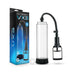 The Performance VX3 Male Enhancement Pump System with Cock Ring features a clear cylindrical chamber, black base and handle, flexible hose, and comes with its retail packaging plus a white cock ring for firmer erections.