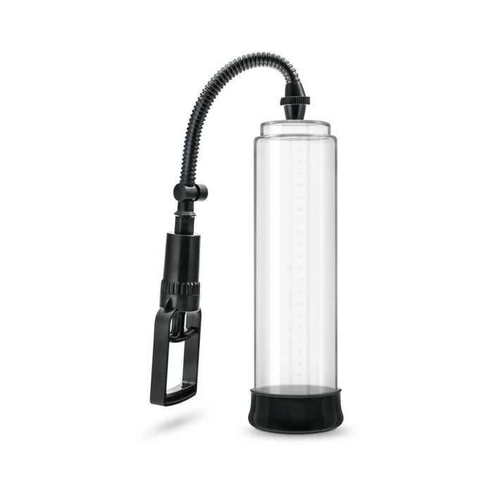The Performance VX3 Male Enhancement Pump System with Cock Ring features a transparent cylinder, black base, flexible black hose, and a black hand pump handle—designed to support firmer erections.
