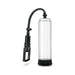 The Performance VX3 Male Enhancement Pump System with Cock Ring features a transparent cylinder, black base, flexible black hose, and a black hand pump handle—designed to support firmer erections.