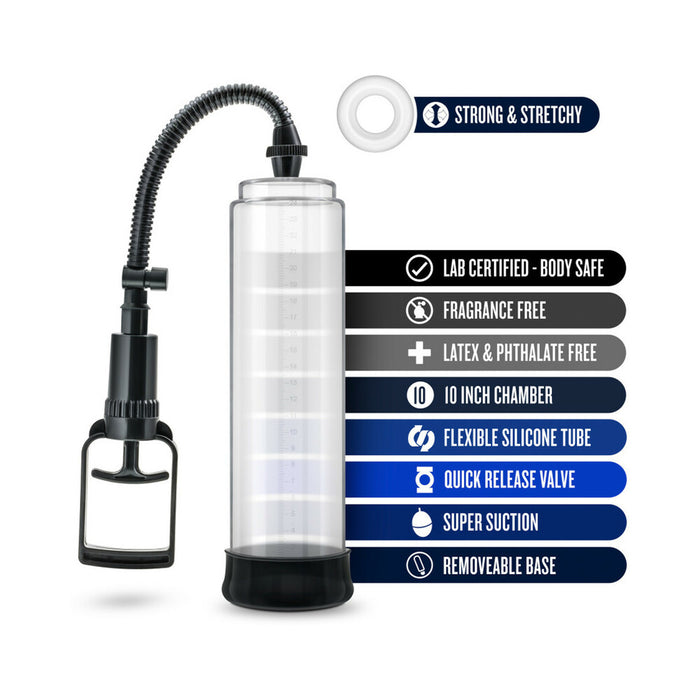 The Performance VX3 Male Enhancement Pump System with Cock Ring is shown. It features a clear cylinder, black handle and base, flexible latex-free silicone hose, quick release valve, and delivers super suction for firmer erections.