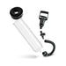The Performance VX3 Male Enhancement Pump System with Cock Ring features a transparent chamber, black rubber base, hand pump, flexible hose, and connector—designed to support firmer erections. Shown disassembled on a white background.
