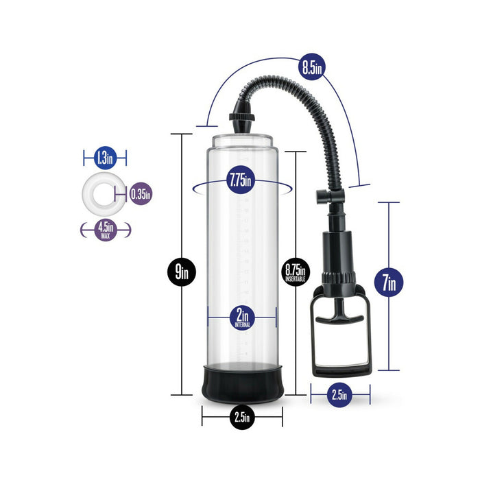 The Performance VX3 Male Enhancement Pump System with Cock Ring features precise measurement labels: cylinder height 7.75", total height 9", diameter 2", base 2.5", hose 8.5", handle height 7", and a ring with diameters of 1.3"/0.35" for firmer erections.