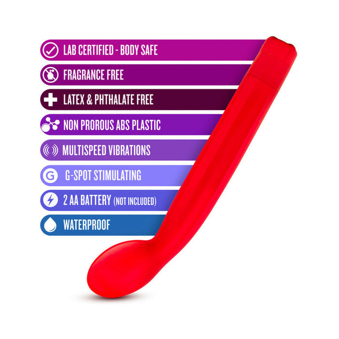 The Sexy Things Beginner Slim G-Spot Vibrator is a red, curved vibe made of non-porous ABS plastic, featuring body-safe materials, multispeed vibrations, a slimline design, and a waterproof build for safe and enjoyable play.