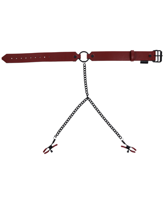 A Saffron Collar with Nipple Clamps by Sportsheets, with metal chains and attachments on a white background.
