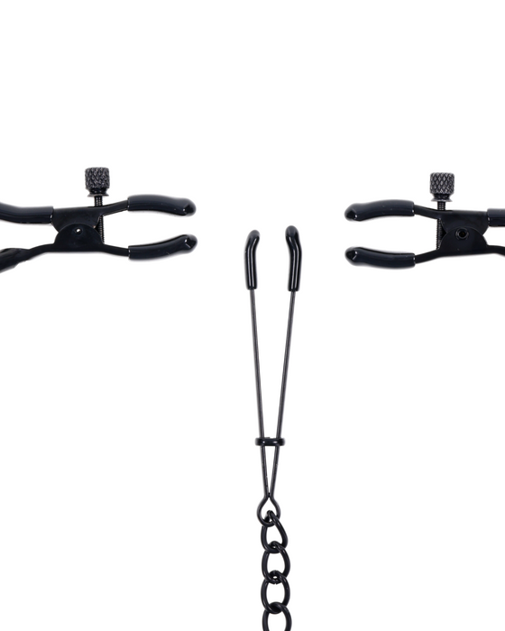 Black, metal Saffron Nipple to Clit Clamps with coated tips, positioned against a white background, mirror-imaged to face each other by Sportsheets.
