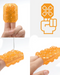 A composite image showing a Tenga Uni Topaz Textured Finger Sleeve for Stroking and Clit Massage in various states: held between fingers, stretched between hands, and pressed in a fist, alongside an instructional icon.