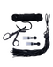 A collection of black BDSM gear including rope, scissors, two small transparent nipple suckers, and a flogger from the Tied and Twisted Bondage Set by Sportsheets, arranged neatly on a white background.