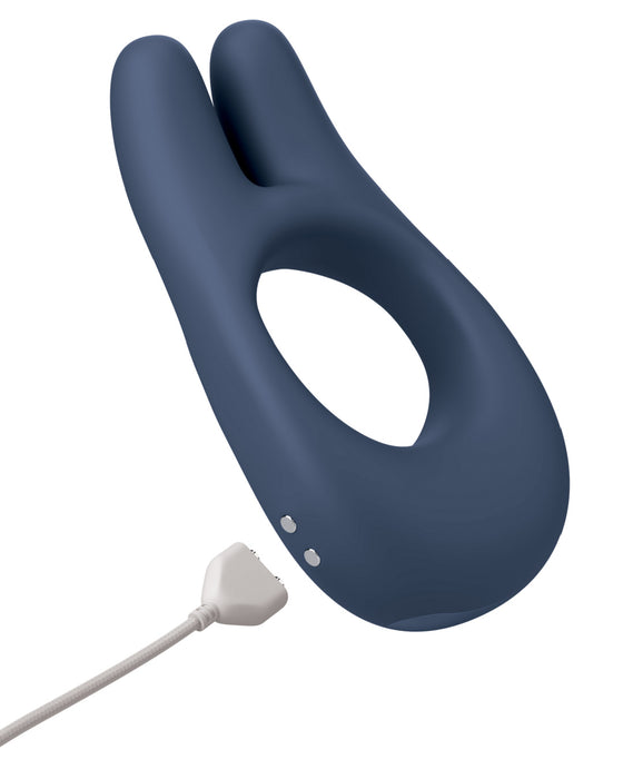A modern dark blue, Jimmyjane Deimos Dual Motor Vibrating Cock Ring for Couples with a sleek design, featuring a loop for securing and a cord with a control button attached.