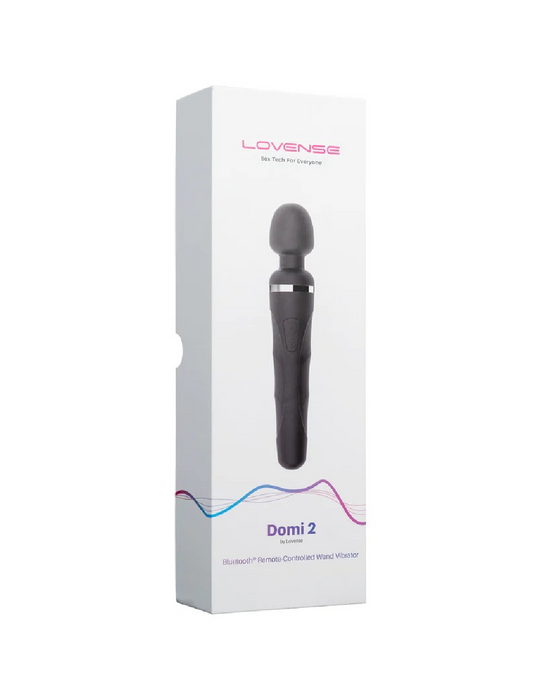 Box packaging of the Lovense Domi 2 Powerful App Controlled Wand Vibrator, a Bluetooth compatible remote-controlled wand vibrator.