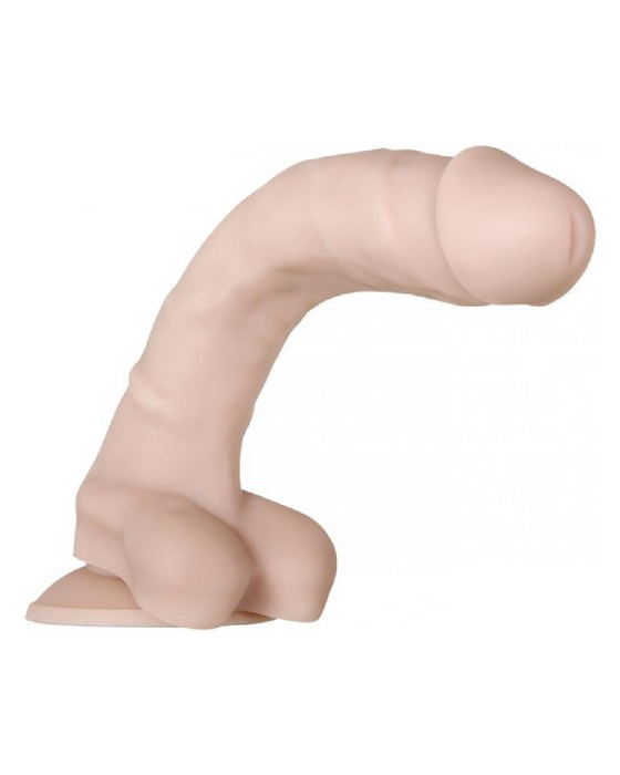 A Real Supple Poseable 10.5 Inch Silicone Dildo - Vanilla positioned at a right angle, featuring realistic skin texture and color, made of memory silicone, with visible details such as joints and knuckles. The arm is shown on a plain white