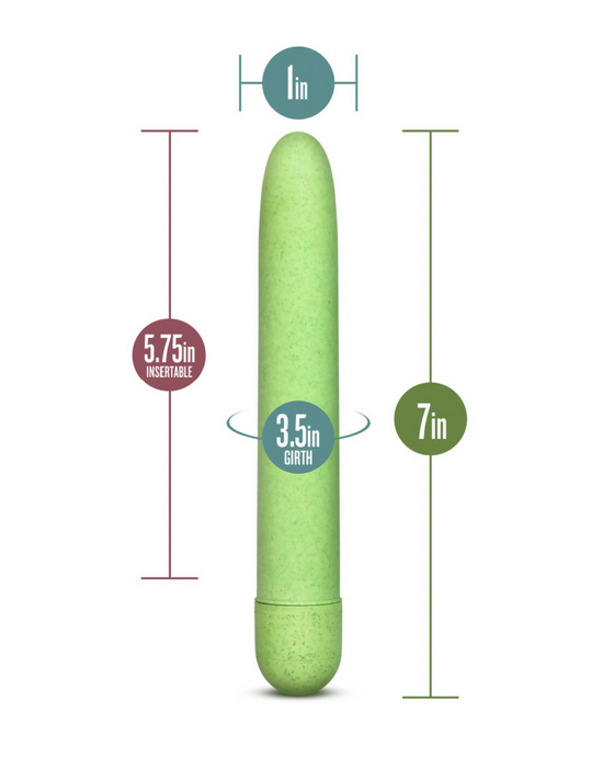 A diagram showcasing the dimensions of a Gaia Biodegradable, Recyclable Eco Vibrator - Green cylindrical object, with a length of 7 inches, an insertable length of 5.75 inches, and a girth of