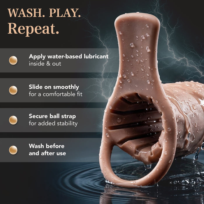 The Girthy Pleasure Sleeves - Open-Ended Silicone Penis Sleeve with Grind Pad (Size M) is shown in brown with water droplets and lightning behind it. Care: use lubricant, slide on, secure strap, and wash before/after use.