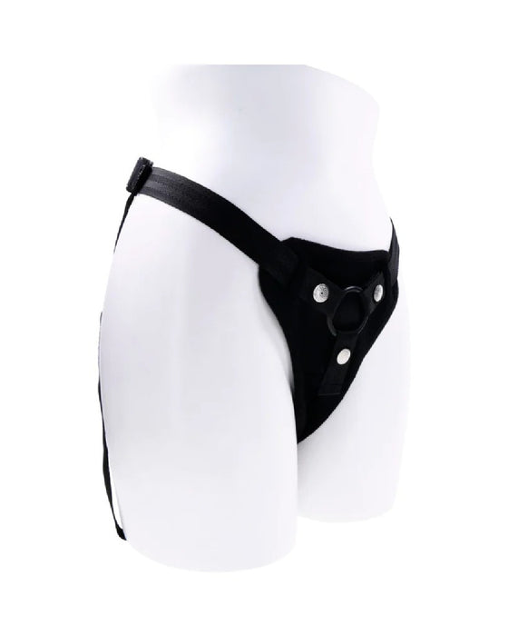 A black Sportsheets adjustable harness worn on a white mannequin torso with a Hidden Pocket Strap On With Remote Control Vibrator attached.