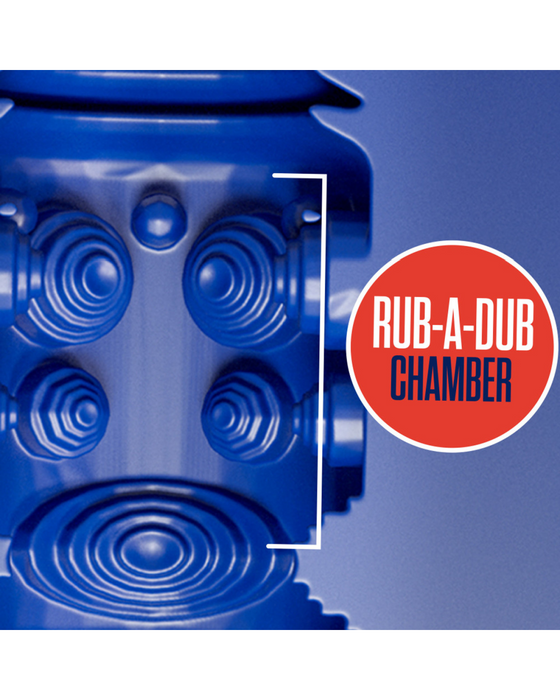 A close-up image of a Blush Rize Turbine Self Lubricating Extra Soft Stroker - Blue with circular and winding patterns, featuring a red and white tag labeled "rub-a-dub chamber" on the front.