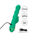 A vibrant green CalExotics Sonoma Satisfier Dual Stimulation Vibrator, designed for g-spot stimulation, with a gold accent, highlighting features like "premium, silky smooth, body-safe" with a USB rechargeable cord included.