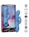 Product display of a blue, silicone, waterproof California Dreaming Santa Cruz Coaster Thrusting G-Spot Rabbit Vibrator from CalExotics, featuring a 'Santa Cruz Coaster' design, with triple fluttering action and 10 independent functions of synchronous.