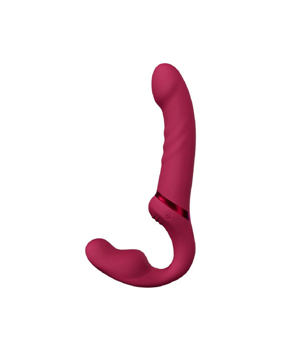 A pink, curved, rechargeable silicone Lovense Lapis app-controlled strapless strap-on dildo with a prominent larger end and a smaller hooked end, isolated on a white background.