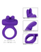 Product display of a Dual Rockin Purple Rabbit Vibrating Couples Cock Ring by CalExotics with various features highlighted, such as size dimensions, multiple vibration modes, and a flexible design for comfort.