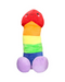 A Penis Stuffy - 24 Inch Smiling Plush Rainbow Colored Penis by Shots, perfect as a cuddle buddy or bachelor party gift, features a rounded, smiling red face at the top. The body of the toy consists of stripes in red, orange, yellow, green, blue, and purple with two rounded purple sections at the bottom.