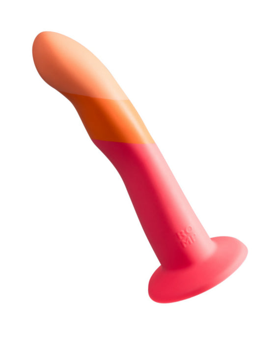 Colorful Romp Dizi Ultra Smooth 7 Inch Dildo with Suction Cup for g-spot stimulation isolated on white background.