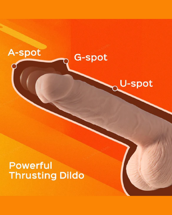 An illustrated advertisement showing a beige, Kenzo Thrusting Large 9.5" Realistic App Controlled Dildo, highlighting areas labeled a-spot, g-spot, and u-spot on a red-orange gradient background with "Honey Play Box" powerful thrusting dildo.