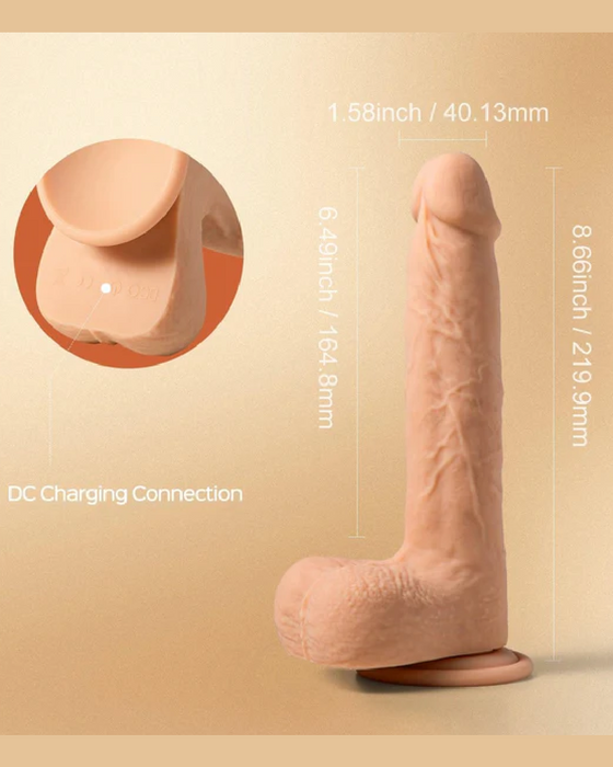 Product image of a Honey Play Box Luis Thrusting Warming Large 8.5" Realistic App Controlled Dildo crafted from body-safe silicone, with measurements annotated, including a close-up view of the dc charging connection.