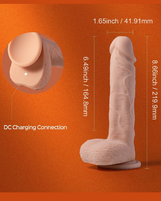 Image of a realistic Paxton Powerful Vibrating Rotating 8.5" Realistic App Controlled Dildo made of body-safe silicone, showing its dimensions and DC charging connection. The product is displayed vertically with length measurements and a close-up view of the charging port. (Brand Name: Honey Play Box)