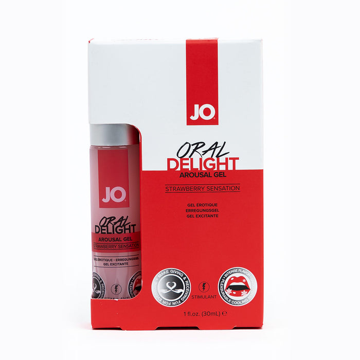 A box of JO Oral Delight Strawberry Arousal Gel 1 oz features mostly white and red packaging with a visible bottle inside, showcasing its use for oral pleasure and a delicious strawberry flavor.