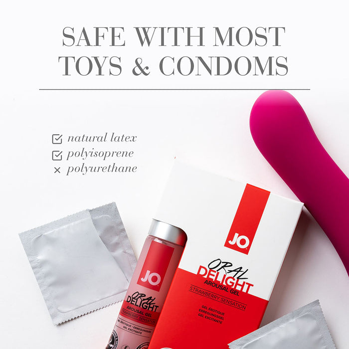 A bottle of JO Oral Delight Strawberry Arousal Gel 1 oz, its box, two wrapped condoms, and a pink vibrator are displayed. Text above states: "SAFE WITH MOST TOYS & CONDOMS" and lists latex and polyisoprene as compatible materials.