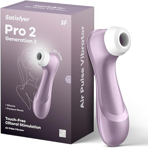 A Satisfyer Pro 2 Waterproof Pressure Wave Clitoral Stimulator in lilac is pictured beside its packaging, which features the product name and emphasizes its touch-free clitoral stimulation.