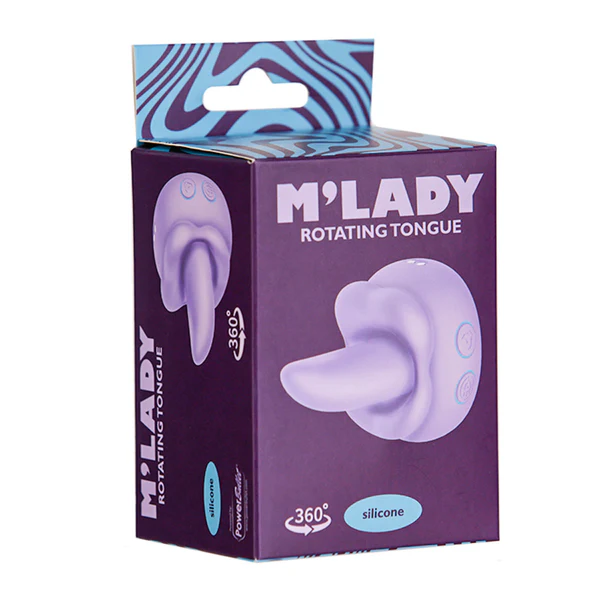 A purple box labeled "M'Lady Rotating and Licking Tongue Vibrator" displays a lavender silicone stimulator. The packaging highlights its 360° rotation, waterproof design, and soft silicone material.